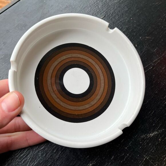 Vintage 70s Ceramic Ashtray 5" Brown Concentric Circle Mod Design - Picture 8 of 11